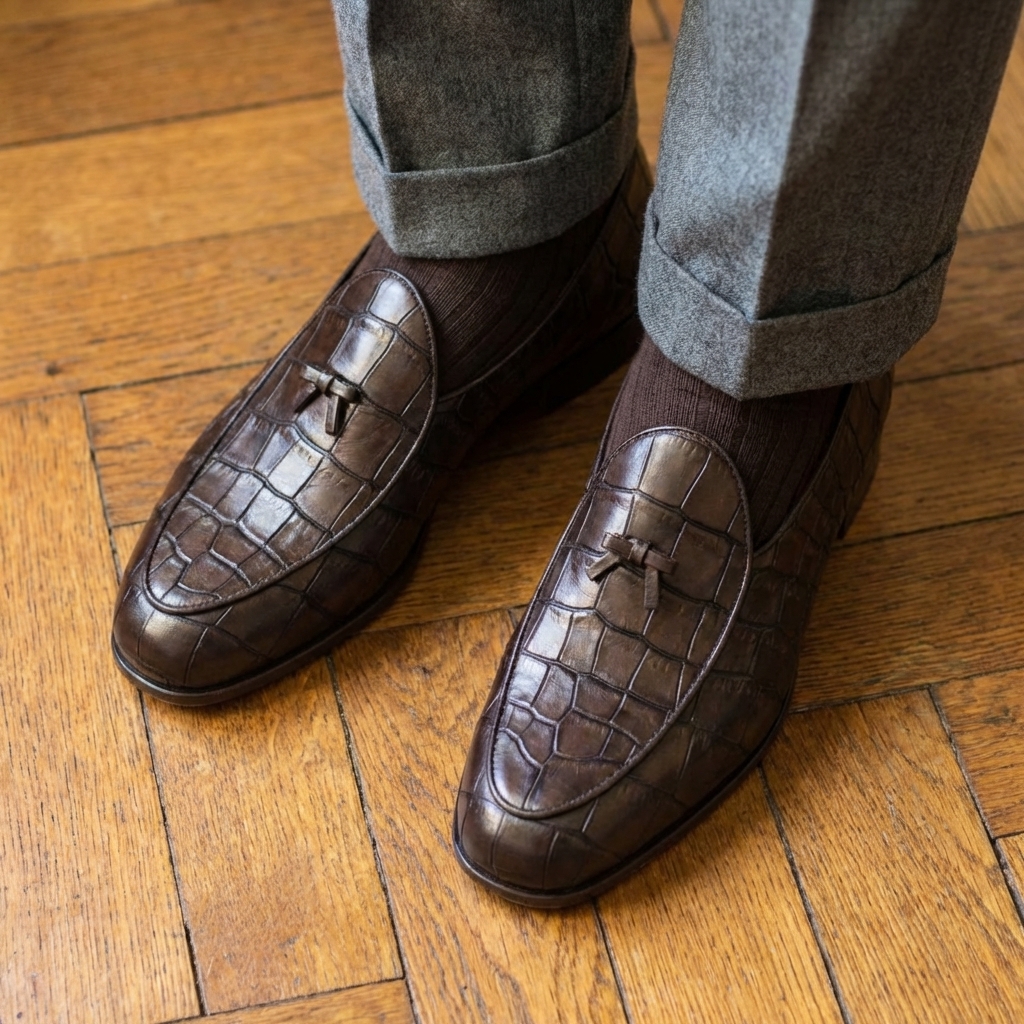 Slipper Belge - Croco Gaufré Marron Foncé