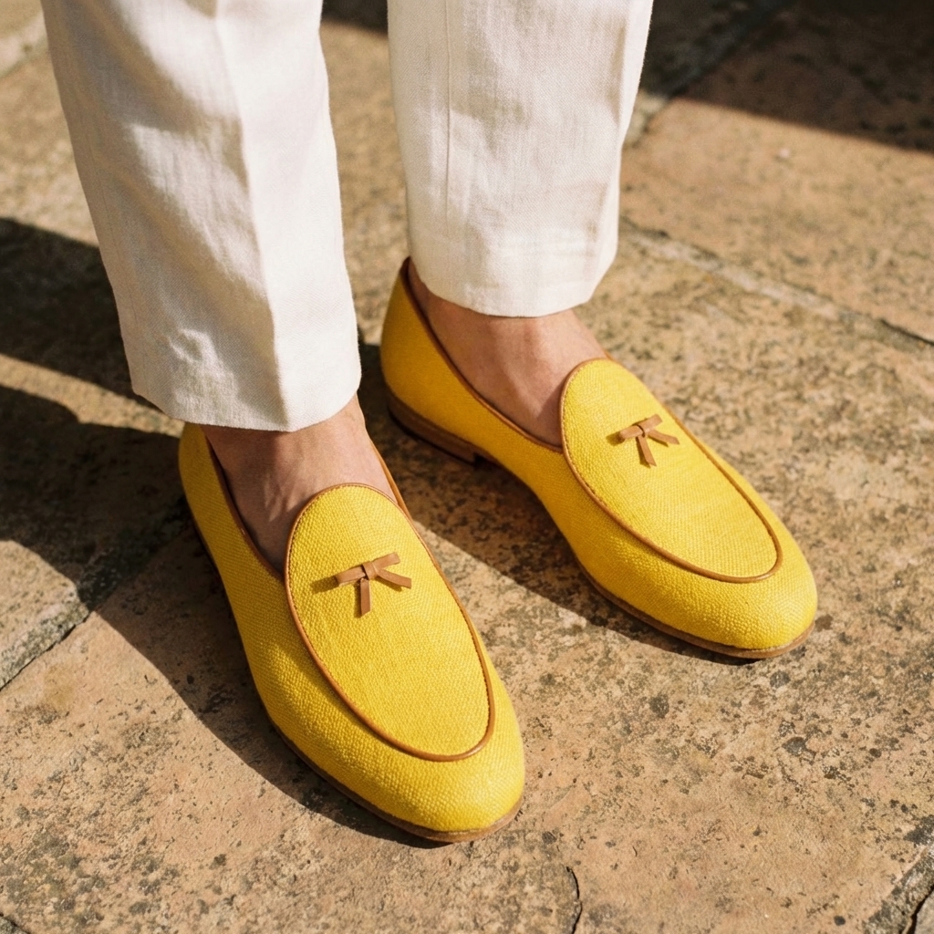 Slipper Belge - Lin Moutarde et Veau Cognac