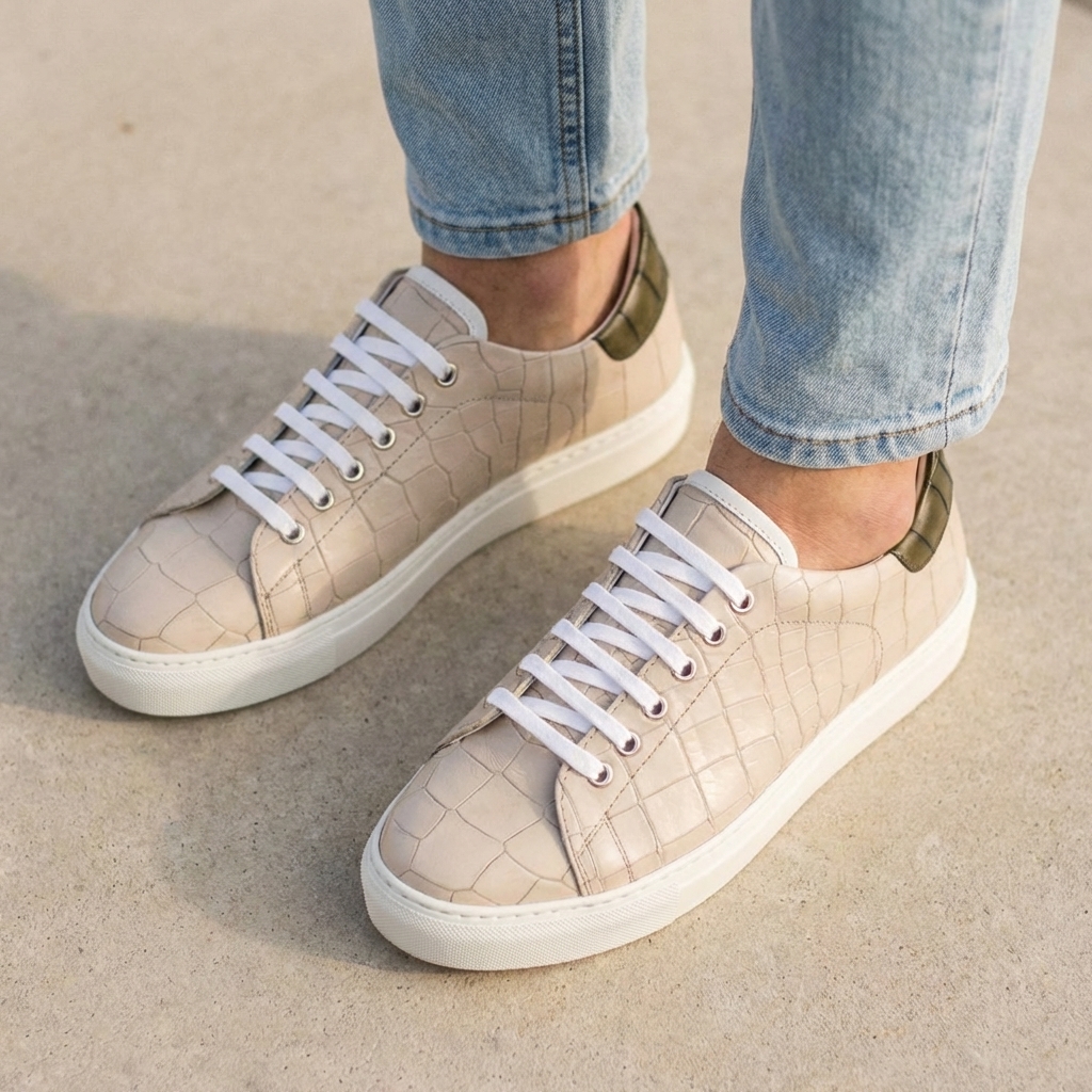 Sneaker - Embossage Croco Olive et Nude